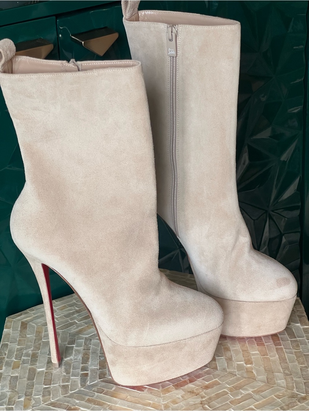 Christian Louboutin Beige Suede Platform Stiletto Boots with Red Soles